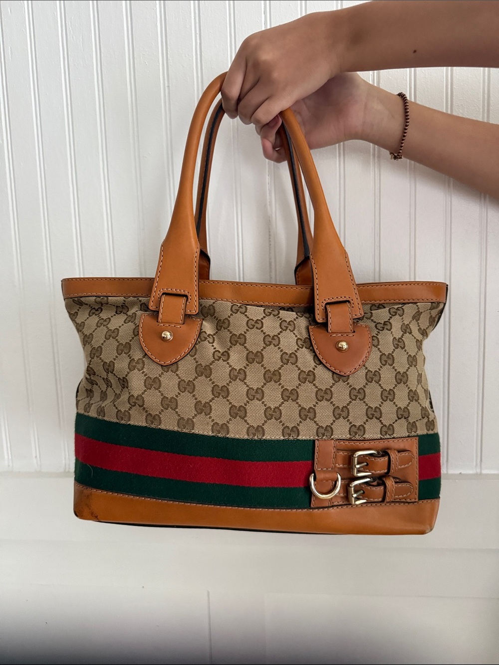 Gucci Brown GG Canvas Shoulder Tote with Web Stripe